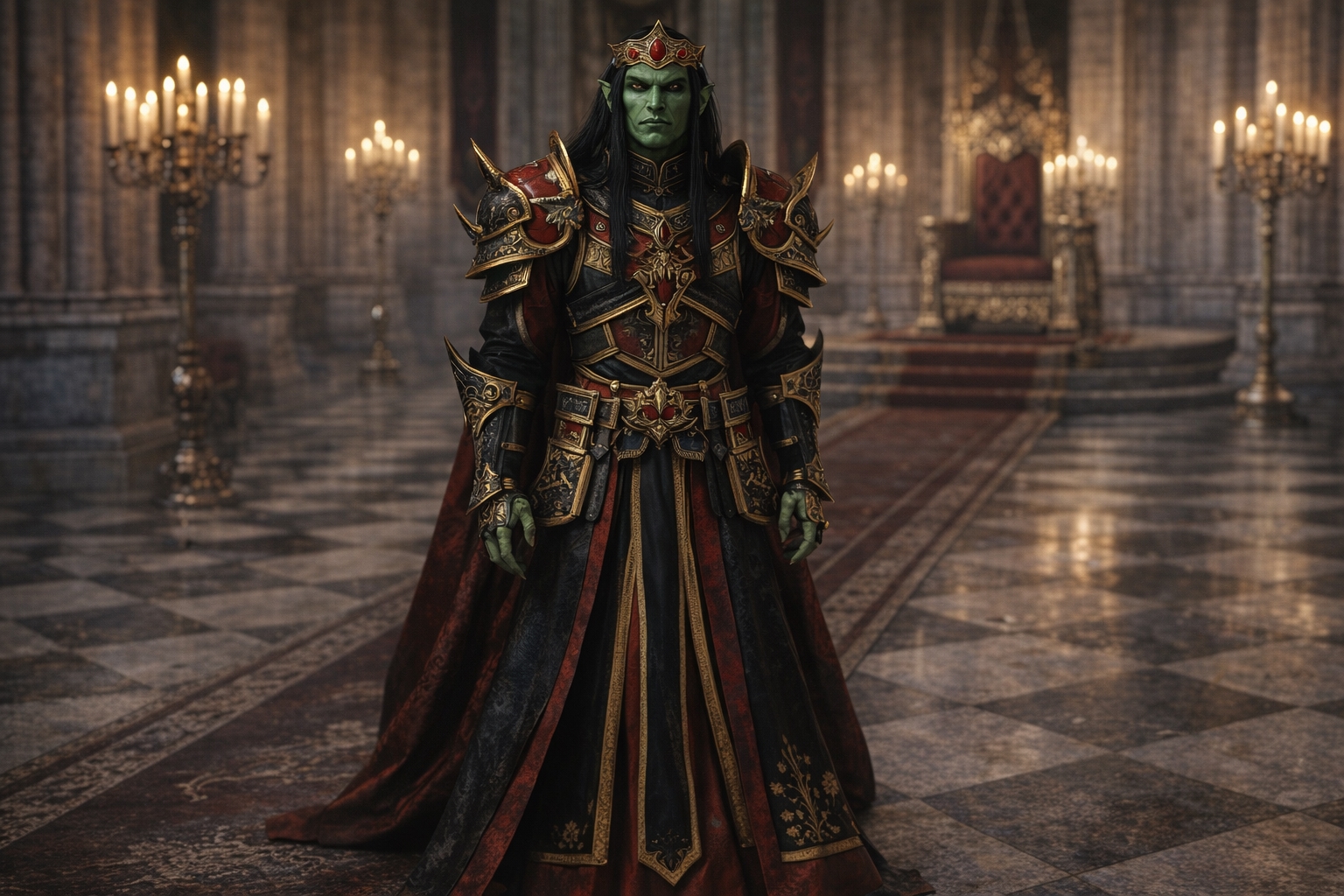 King Alak Averruncus-Maeviir transformed into a goblin due to a curse, depicted in a weakened and altered state