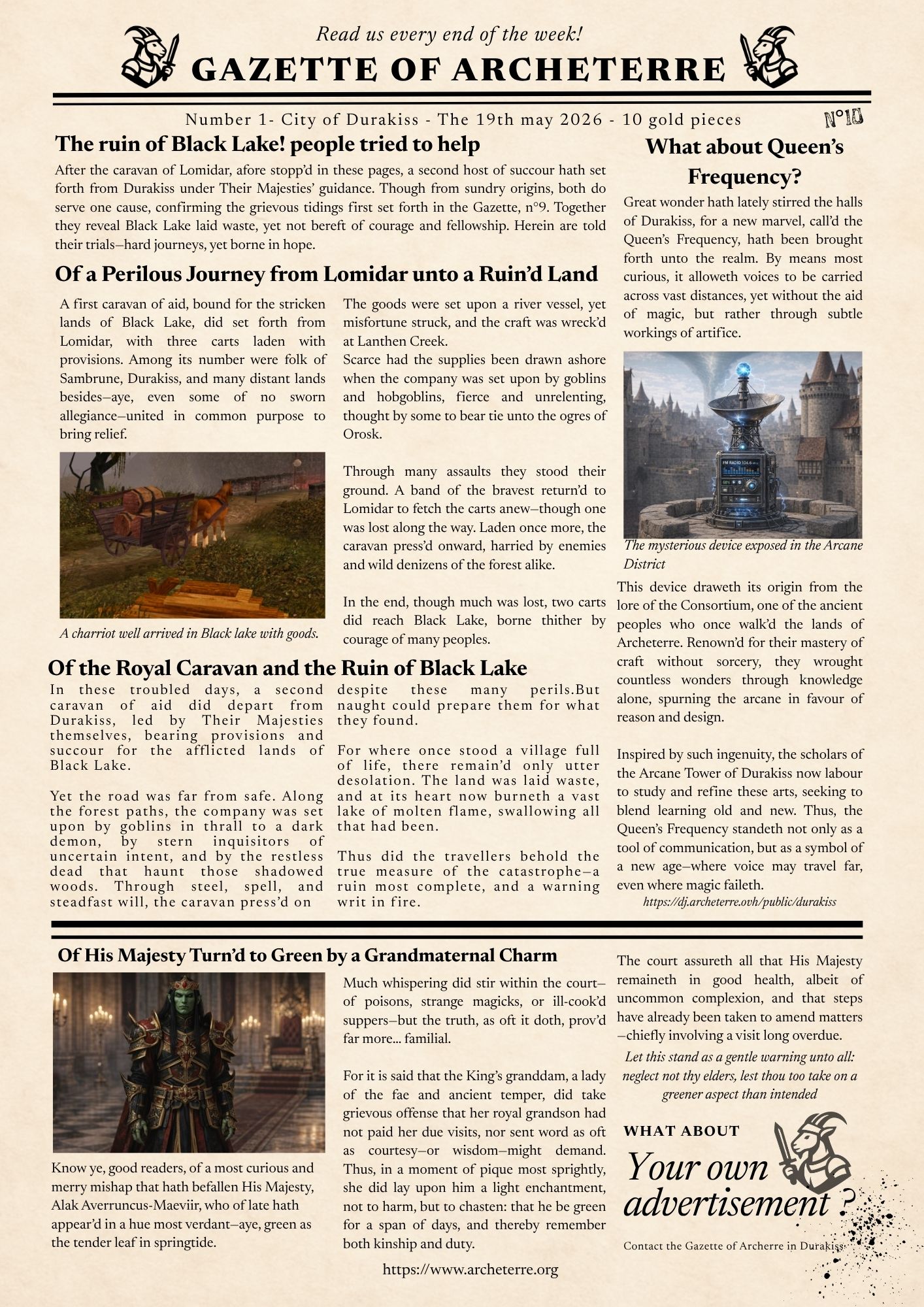 Front page of the Durakiss and Arche Terre gazette, featuring colorful local news headlines including stories about the Goblin King.