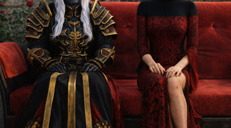 King Alak Averruncus-Maeviir and Queen Jula Marin-Escoffier seated on the wedding bench in the docks district of Durakiss