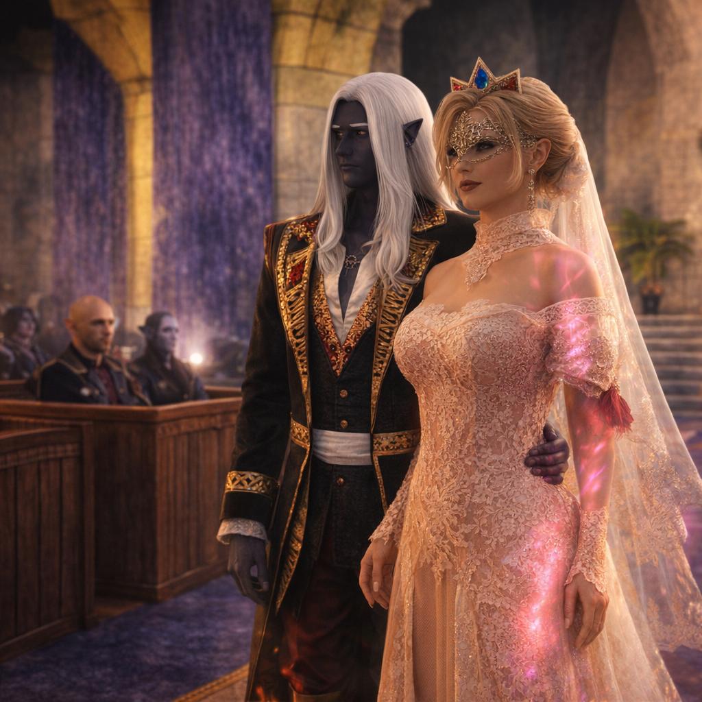 Wedding of King Alak Averruncus-Maeviir and Queen Jula Marin-Escoffier in the chapel of Castle Eagleview in Durakiss