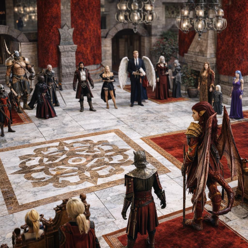 Ballroom celebration at Castle Eagleview after the wedding of King Alak Averruncus-Maeviir and Queen Jula Marin-Escoffier, with renowned bards performing