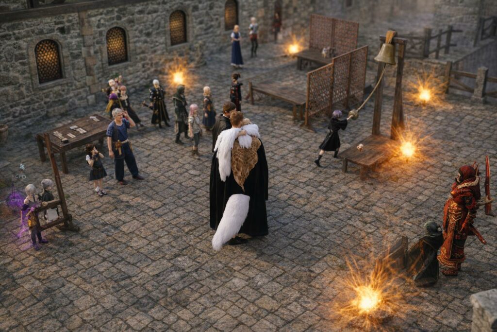 Commercial fair in Durakiss featuring market stalls and a strength-testing hammer game where participants strike to measure their power