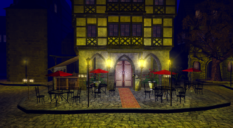 Exterior of The Red Kiss, a noble pub in Durakiss with red velvet décor and golden lanterns.