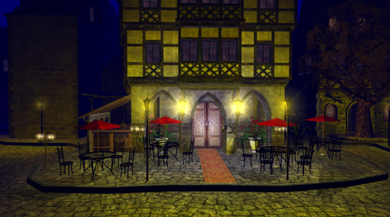 Exterior of The Red Kiss, a noble pub in Durakiss with red velvet décor and golden lanterns.