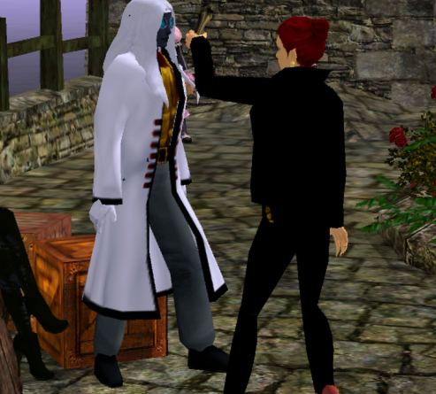 Eleawen, a robed chronicler, stands beside King Alak on a stone harbor quay, speaking with him as the sea mist drifts around them.