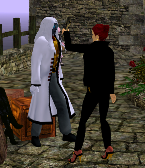 Eleawen, a robed chronicler, stands beside King Alak on a stone harbor quay, speaking with him as the sea mist drifts around them.