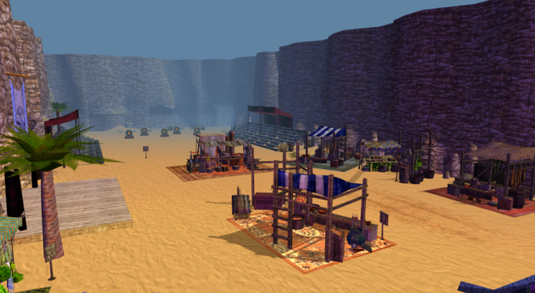 A bustling desert city fair filled with merchant stalls, game stands, and welcoming spaces for visitors