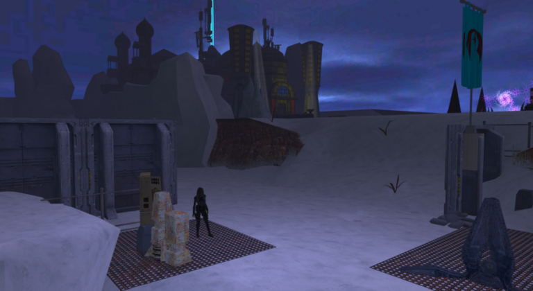 A Thebs Corporation agent in the foreground with the shadowed figure of Epsilon‑Black‑9 in the background.