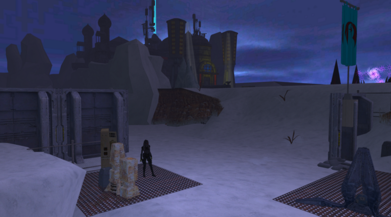 A Thebs Corporation agent in the foreground with the shadowed figure of Epsilon‑Black‑9 in the background.