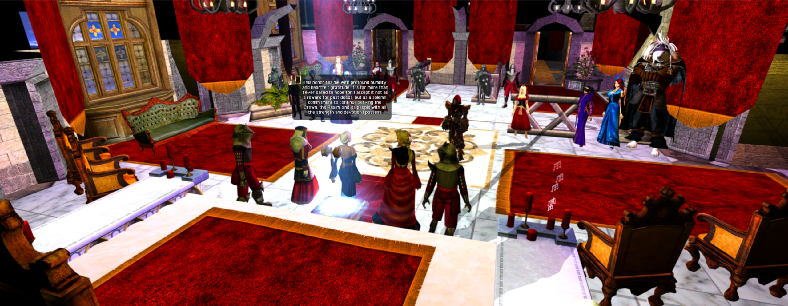 Knighting of Dame Theresa and ennoblement of Baron Giofere Feinor before a crowd at Castle Eagleview.
