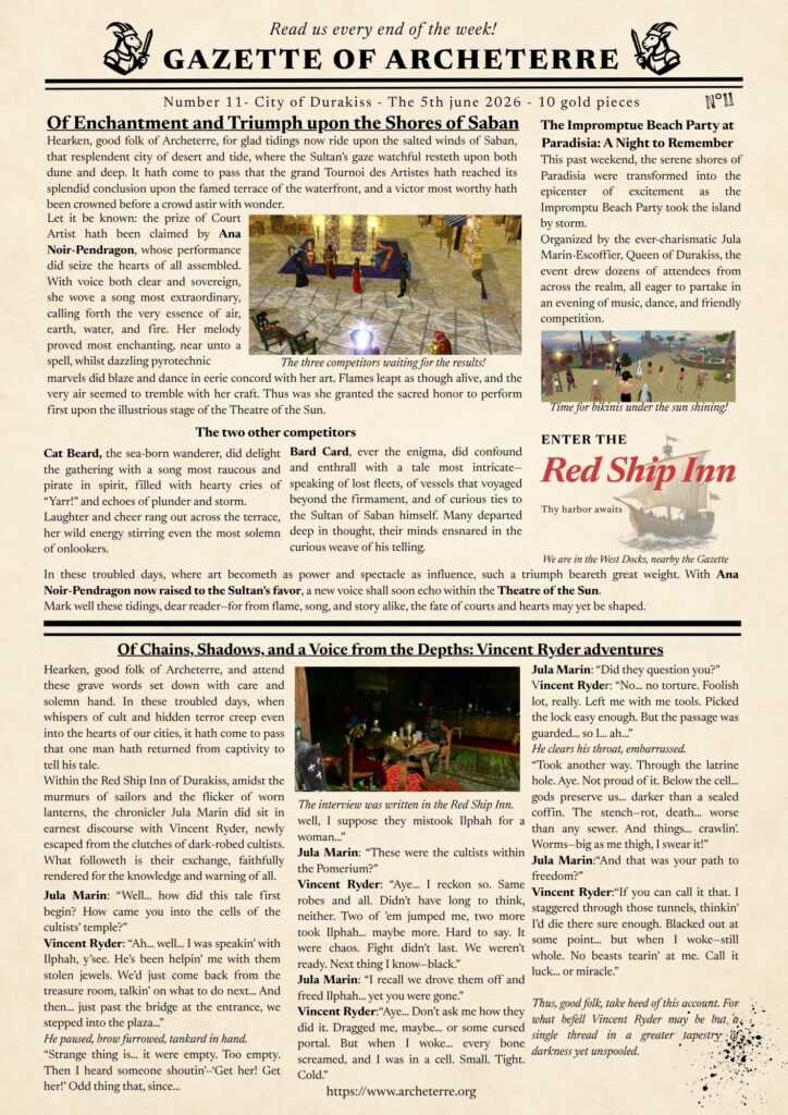 Illustration of a fantasy newspaper titled "Gazette of Arche Terre n°11", featuring news reports, royal announcements, events, and unfolding storylines set in a medieval fantasy world.