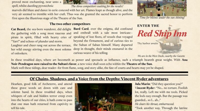 Illustration of a fantasy newspaper titled "Gazette of Arche Terre n°11", featuring news reports, royal announcements, events, and unfolding storylines set in a medieval fantasy world.