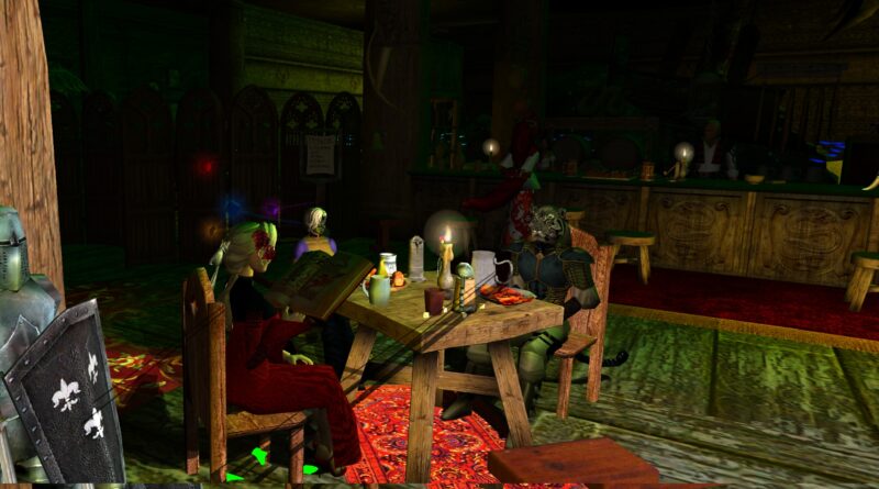 Within the dimly lit Red Ship Inn of Durakiss, Jula Marin and Vincent Ryder sit at a wooden table mid‑interview, tankards in hand, as patrons murmur in the background.