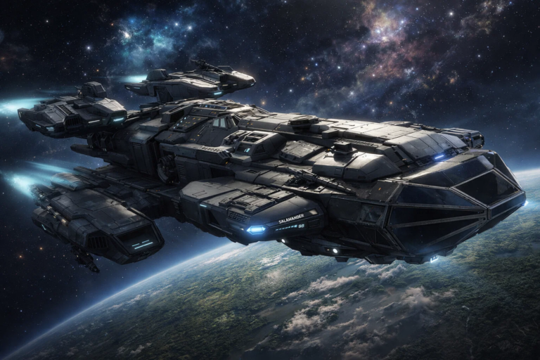 A sleek Consortium starship named Salamander orbiting the massive planet Arche Prime, with its metallic hull reflecting the planet’s blue and violet glow.
