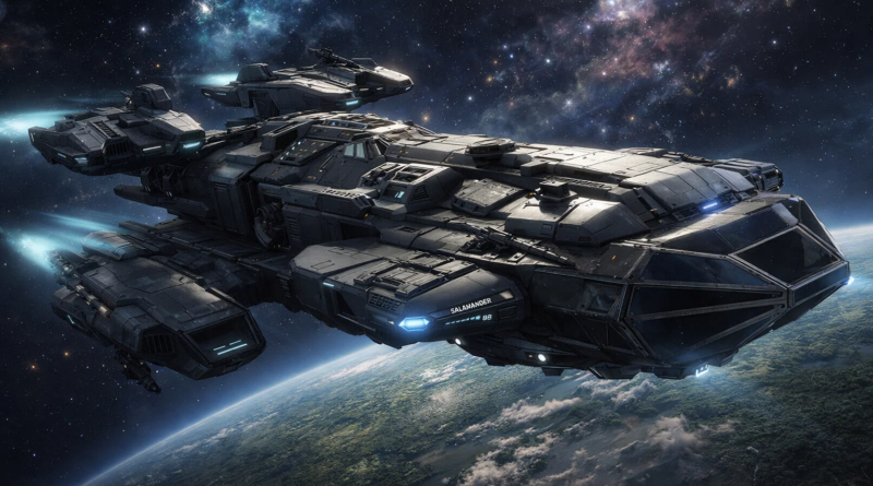 A sleek Consortium starship named Salamander orbiting the massive planet Arche Prime, with its metallic hull reflecting the planet’s blue and violet glow.
