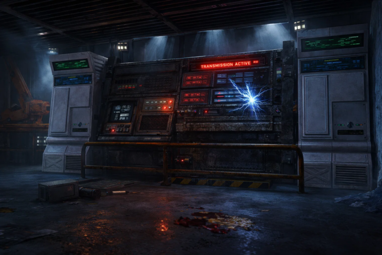 Damaged laboratory with overturned scientific equipment and visible blood traces after a catastrophe.