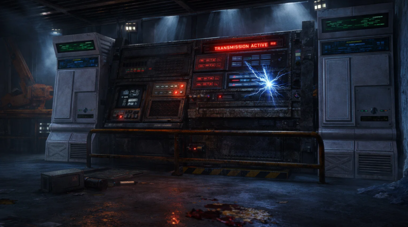 Damaged laboratory with overturned scientific equipment and visible blood traces after a catastrophe.