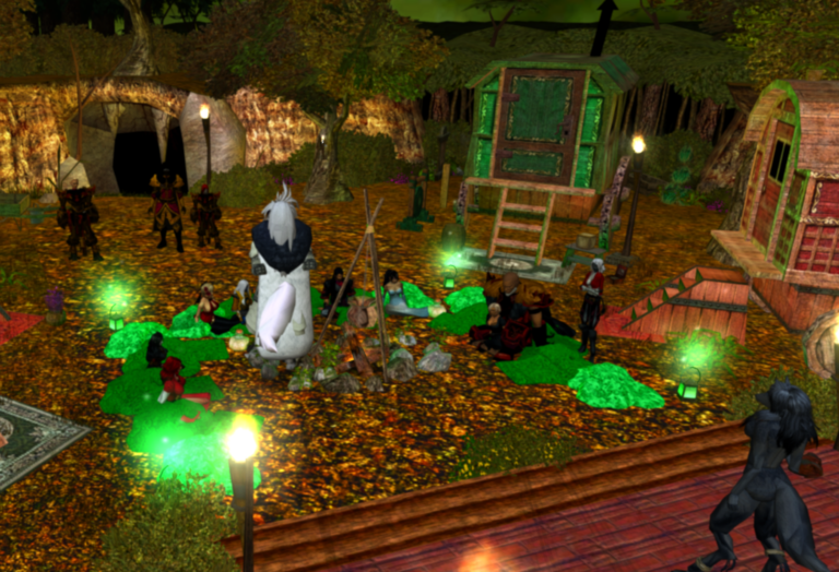 A royal delegation of Durakiss meeting the Eyolf wolfkin tribe within their camp of wagons and firelit tents, as nobles and wolfkin gather in celebration beneath the night sky.
