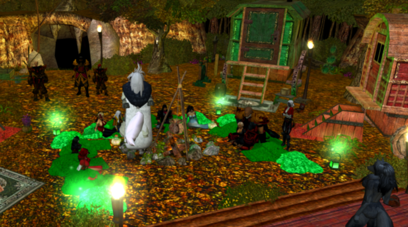 A royal delegation of Durakiss meeting the Eyolf wolfkin tribe within their camp of wagons and firelit tents, as nobles and wolfkin gather in celebration beneath the night sky.