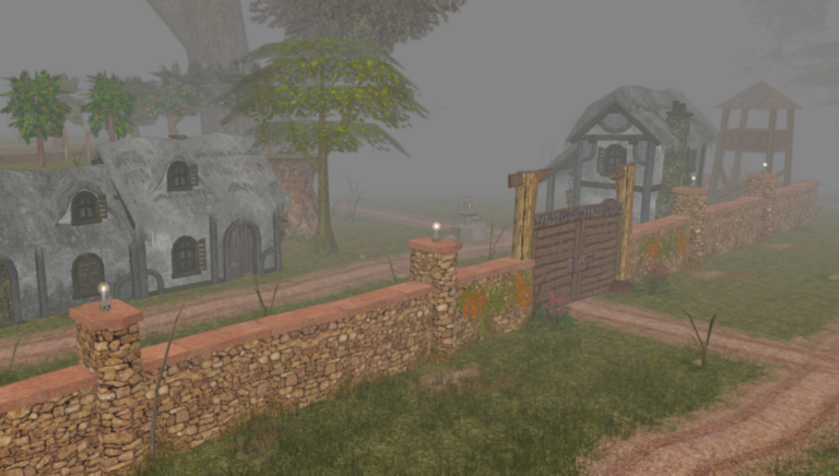 Port Elysum, a harbor town with gray thatched rooftops hidden behind tall wooden walls.