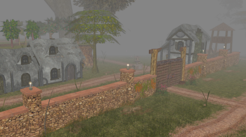 Port Elysum, a harbor town with gray thatched rooftops hidden behind tall wooden walls.
