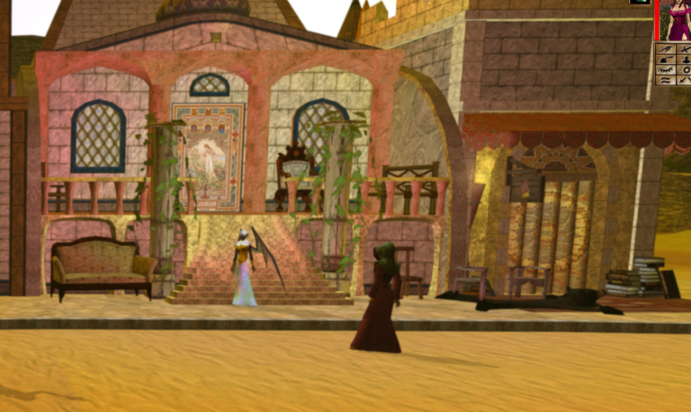 A traditional earthen-walled house in Sambrune, the City of Sands, adorned with vibrant, shimmering decorations, soon to host Illiana's art exhibition.