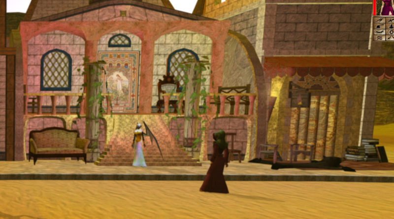 A traditional earthen-walled house in Sambrune, the City of Sands, adorned with vibrant, shimmering decorations, soon to host Illiana's art exhibition.