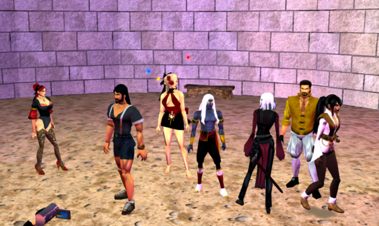 Group of exhausted but triumphant participants, including King Alak, Queen Jula, Councilor Wilkinson, and Ms. Throkka Fynn, posing together after the obstacle course challenge in Durakiss’ Arena. Some are covered in sea water, others in sweat, all smiling with pride."