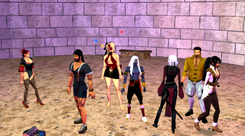Group of exhausted but triumphant participants, including King Alak, Queen Jula, Councilor Wilkinson, and Ms. Throkka Fynn, posing together after the obstacle course challenge in Durakiss’ Arena. Some are covered in sea water, others in sweat, all smiling with pride."