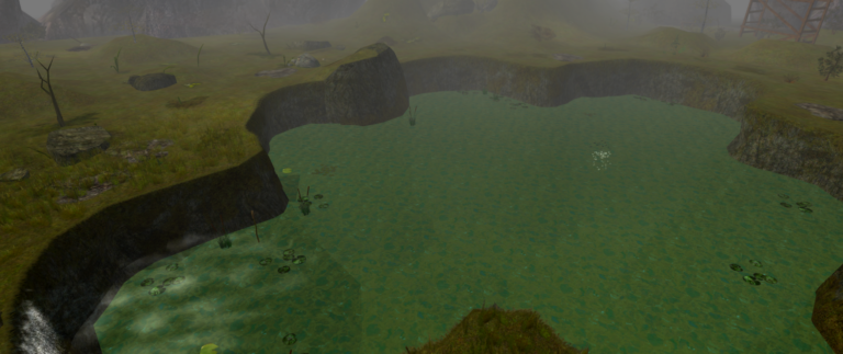 Aerial view of Black Lake’s vast crater, with sparse grass regrowing over the ruins of the semi-buried Goblin city