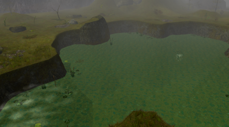 Aerial view of Black Lake’s vast crater, with sparse grass regrowing over the ruins of the semi-buried Goblin city