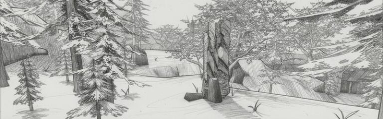 Pencil sketch of the Hive's extraterrestrial rock monument in Balmorga Pass, standing in a snowy forest before its destruction by fire