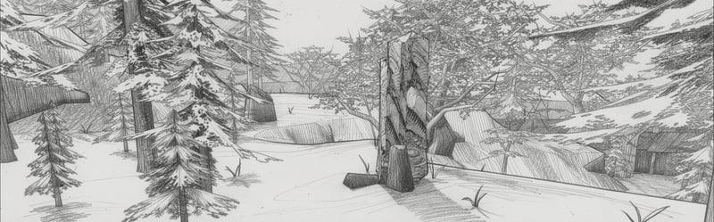 Pencil sketch of the Hive's extraterrestrial rock monument in Balmorga Pass, standing in a snowy forest before its destruction by fire