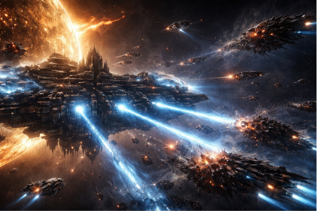 Atlantikwall – The Eternal Citadel, a colossal armed space fortress orbiting Helion Prime in the Helion Varr star system, featuring towering defensive turrets, armored hulls, and futuristic military architecture under a stellar backdrop