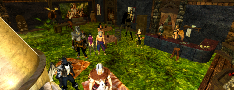 Psamathe Party pub interior: Crowd cheering arm-wrestling tournament between Queen Linda Wetteel and dragon Lokiel, Myrna Magnus Maeviir serving drinks at leafy-top bar, chalk arrows on floor, torches lighting wooden tavern, festive medieval fantasy atmosphere