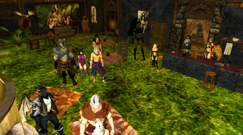 Psamathe Party pub interior: Crowd cheering arm-wrestling tournament between Queen Linda Wetteel and dragon Lokiel, Myrna Magnus Maeviir serving drinks at leafy-top bar, chalk arrows on floor, torches lighting wooden tavern, festive medieval fantasy atmosphere