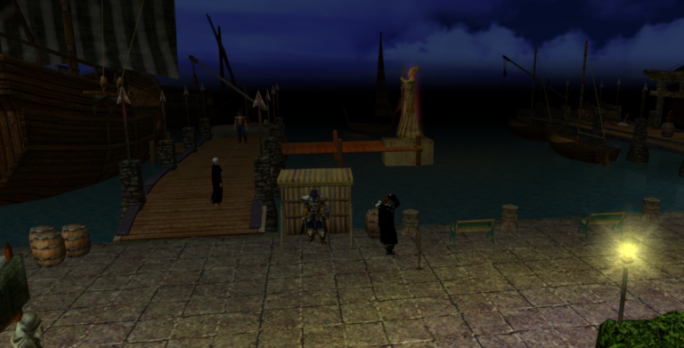 Panoramic view of Mur County Center harbor, with Tyler standing in his wooden mission booth, ready to assign quests to adventurers. Bustling docks, moored ships, and overcast sky.