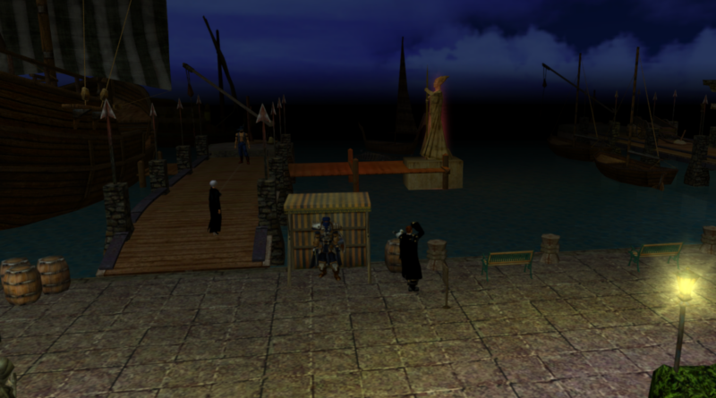 Panoramic view of Mur County Center harbor, with Tyler standing in his wooden mission booth, ready to assign quests to adventurers. Bustling docks, moored ships, and overcast sky.