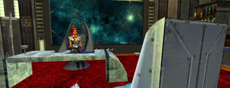 Futuristic office of Captain Sa'rha, featuring sleek metallic surfaces, holographic displays, and ergonomic spatial design under soft blue ambient lighting.