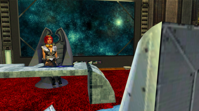 Futuristic office of Captain Sa'rha, featuring sleek metallic surfaces, holographic displays, and ergonomic spatial design under soft blue ambient lighting.
