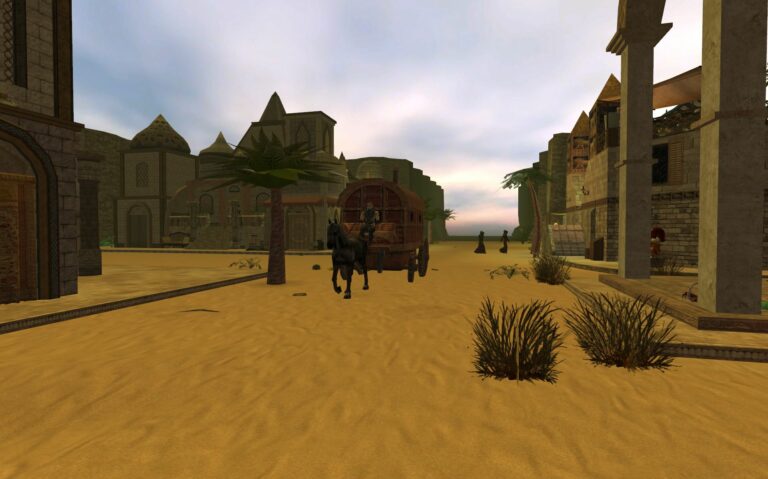 Panoramic view of Sambrune, a desert city with distinctive traditional architecture, featuring a horse-drawn caravan crossing a sandy street.