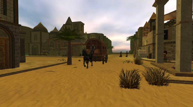Panoramic view of Sambrune, a desert city with distinctive traditional architecture, featuring a horse-drawn caravan crossing a sandy street.