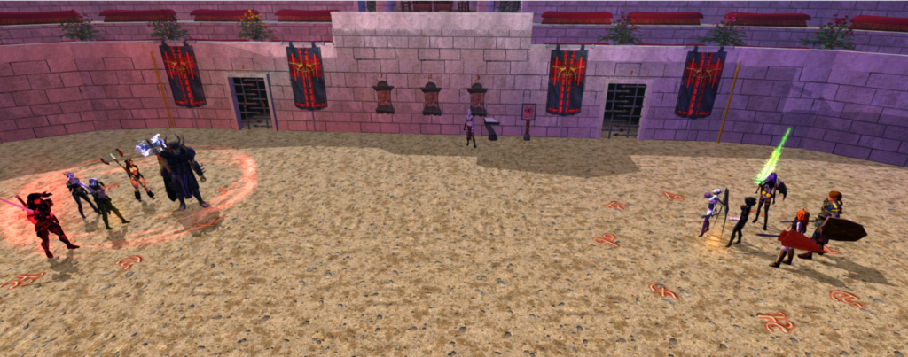 The two teams ready to fight in the pit.
