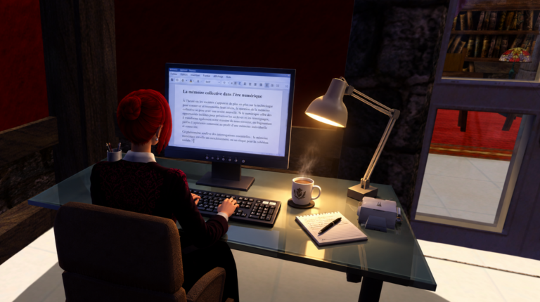 A red-haired woman sits at a desk, typing an article on a computer in a warmly lit office with a steaming cup of coffee and a desk lamp.