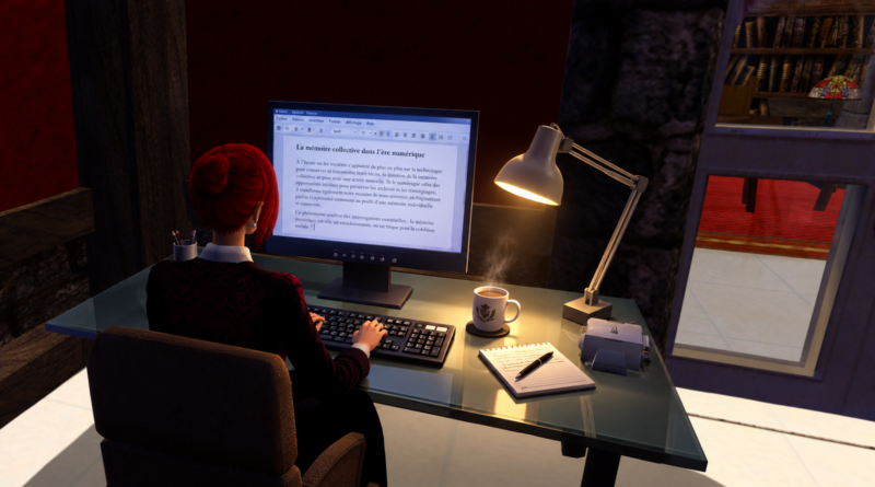 A red-haired woman sits at a desk, typing an article on a computer in a warmly lit office with a steaming cup of coffee and a desk lamp.